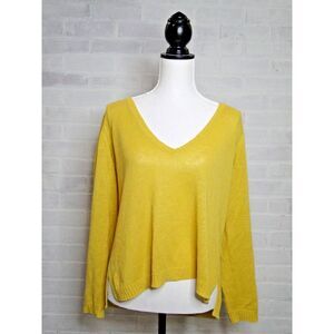 Eileen‎ Fisher Organic Linen Sweater Petite Medium Yellow V Neck Loose Light Fit